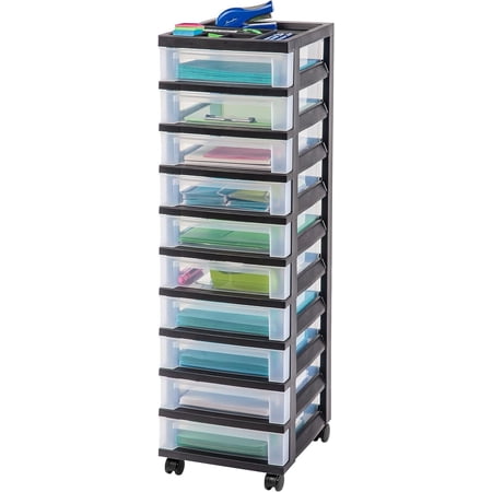 Plastic Drawer Storage Organizer Rolling Cart with Wheels Casters 10-Drawers for Classroom Art Craft Supplies Dresser Closet Bathroom Laundry Room Black/Clear