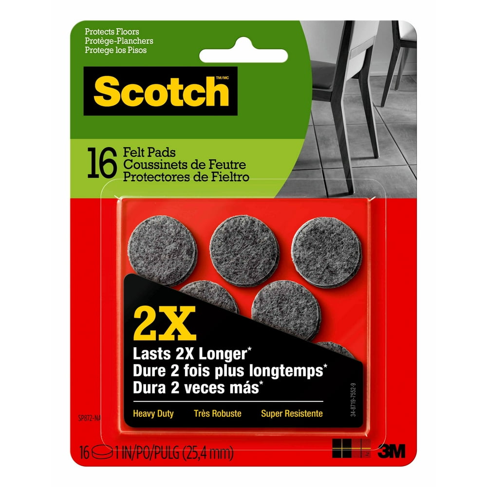 Scotch™ Heavy Duty Felt Pads, Round, 1 in. Diameter, Gray, 16 Pads