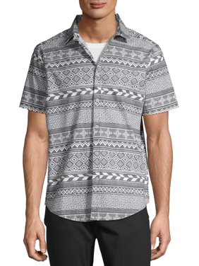 No Boundaries Men's Tribal Print Short Sleeve Button Up Shirt, up to Size 3XL