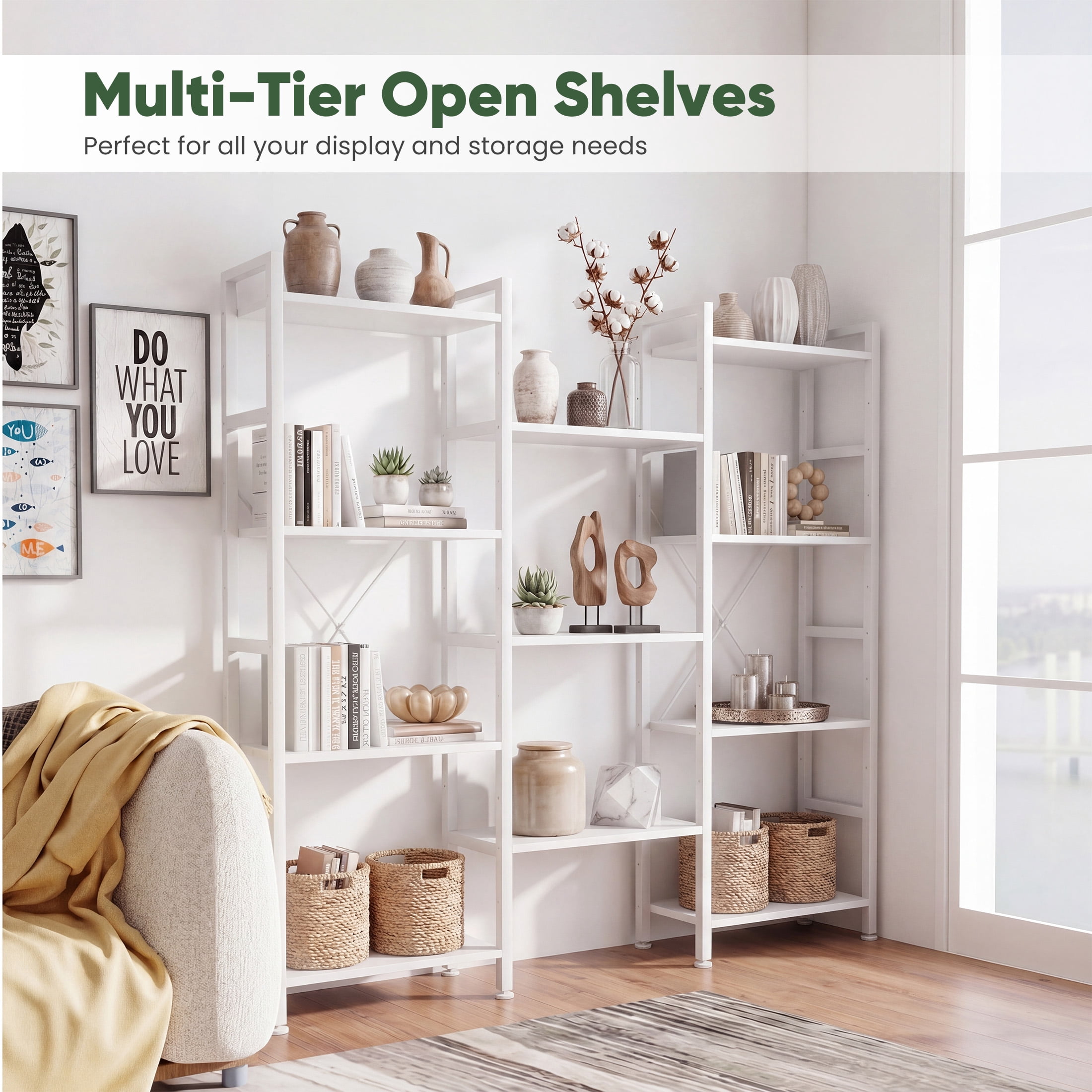 CONCETTA Triple 4-Tier Bookshelf with 11 Open Display Shelves, Adjustable Storage Bookcase for Home & Office, Sturdy Steel Frame and Wood Construction, Anti-Tip and Adjustable Feet, White