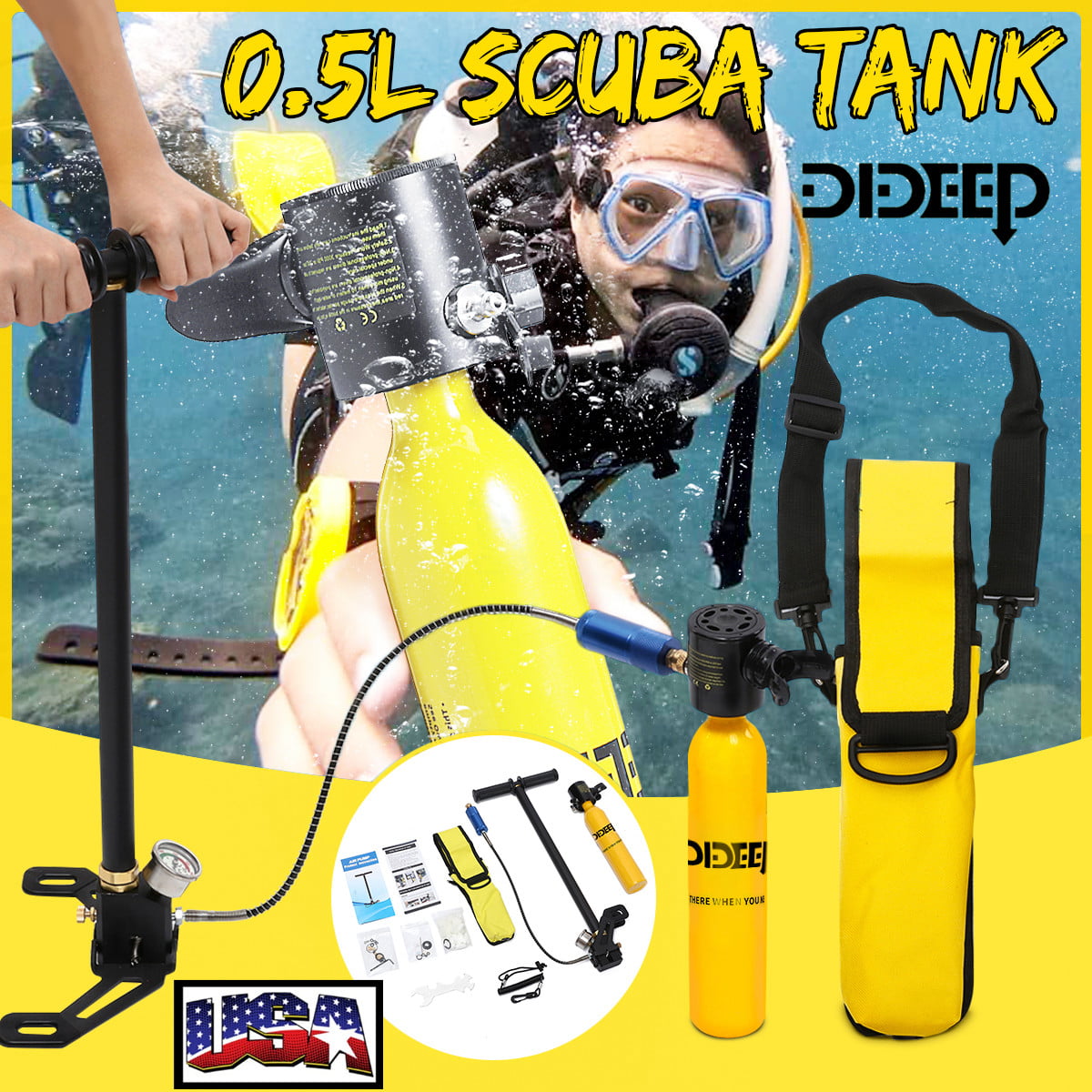 Summer 1L Mini SCUBA Tank Diving Oxygen Reserve Hand Pump Air Dive Equipment 