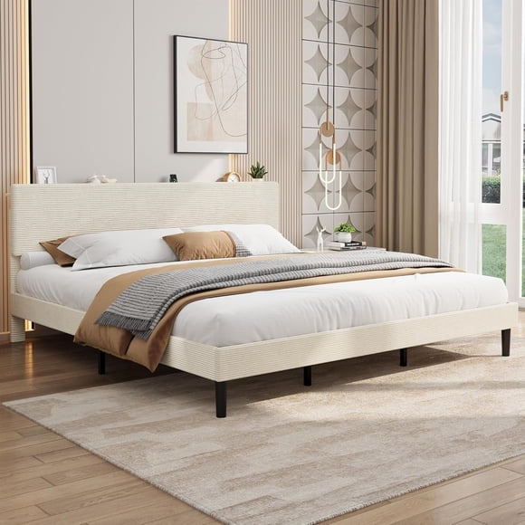 King Bed Frame with Charging Station, Corduroy Upholstered Platform Bed Frame with Headboard and Storage Shelf, Solid Wood Slats, No Box Spring Needed, Noise Free, Easy Assembly, Beige