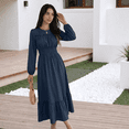 thumbnail image 4 of Women Solid Polyester Midi Dresses, Elegant Ruffle Crew Neck Smocked Waist Flowy Tiered Long Dress, 4 of 6