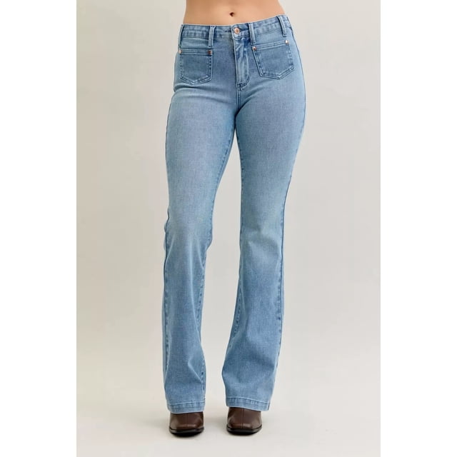 I AM A FASHION JUNKY Judy Blue Full Size Mid Rise Bootcut Jeans with Contrast Wash & Front Patch Pockets Plus Size (MD, 11(30))