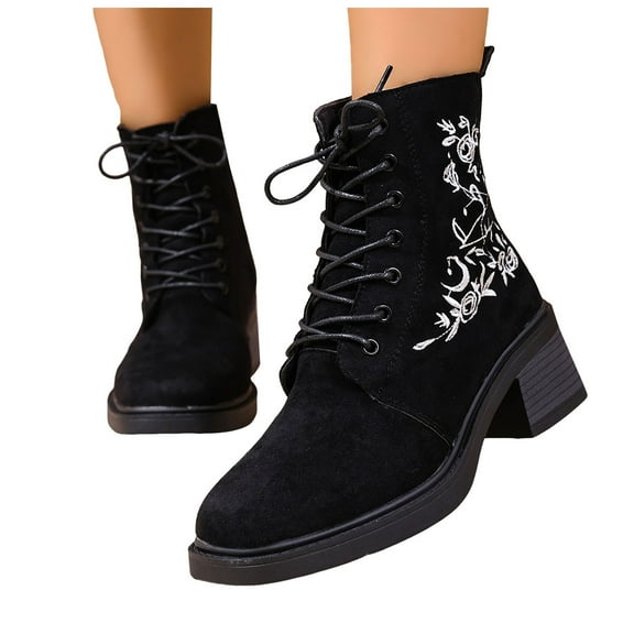 Rokment Vintage Embroidered Combat Boots for Women Fall Winter Fashion Casual Suede Square Toe Chunky Mid Heel Dress Ankle Booties with Side Zipper Black Size 6