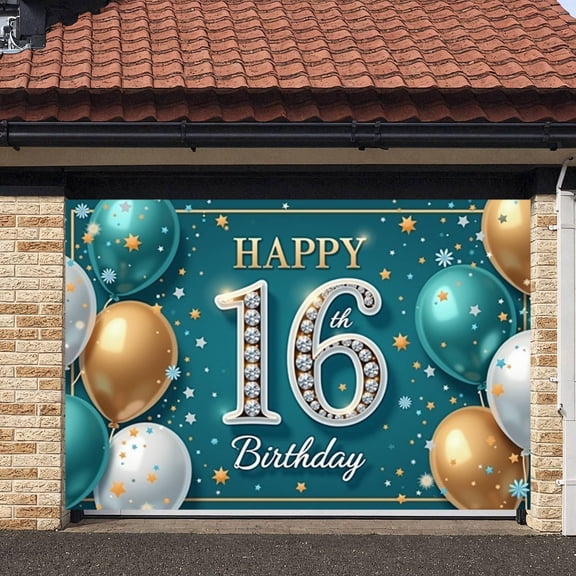 Decorated Happy 16th Birthday Banner Turquoise Background Sweet 16 Display Gold Silver Balloons Star Pattern 16th Birthday Backdrop for 16th Birthday Party Teen Celebration Sweet Sixteen Event