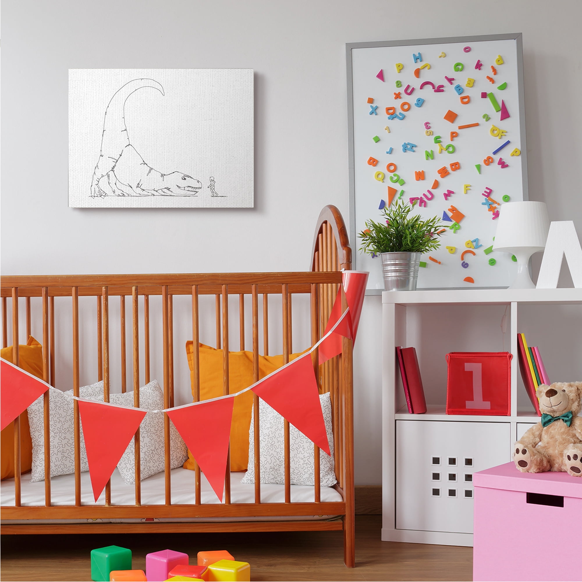 Stupell Industries Dinosaur T-Rex and Boy Line Drawing Minimal Animals & Insects Painting Gallery Wrapped Canvas Art Print Wall Art, 24 x 30