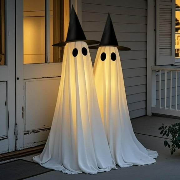2 Packs Halloween Decorations Outdoor, 5Ft Wind-Resistant Ghost Decor with USB String Lights, Scary Door Decoration Outside Euipped Waterbags & Hats, Ideal for Indoor Party Porch Yard Garden Lawn