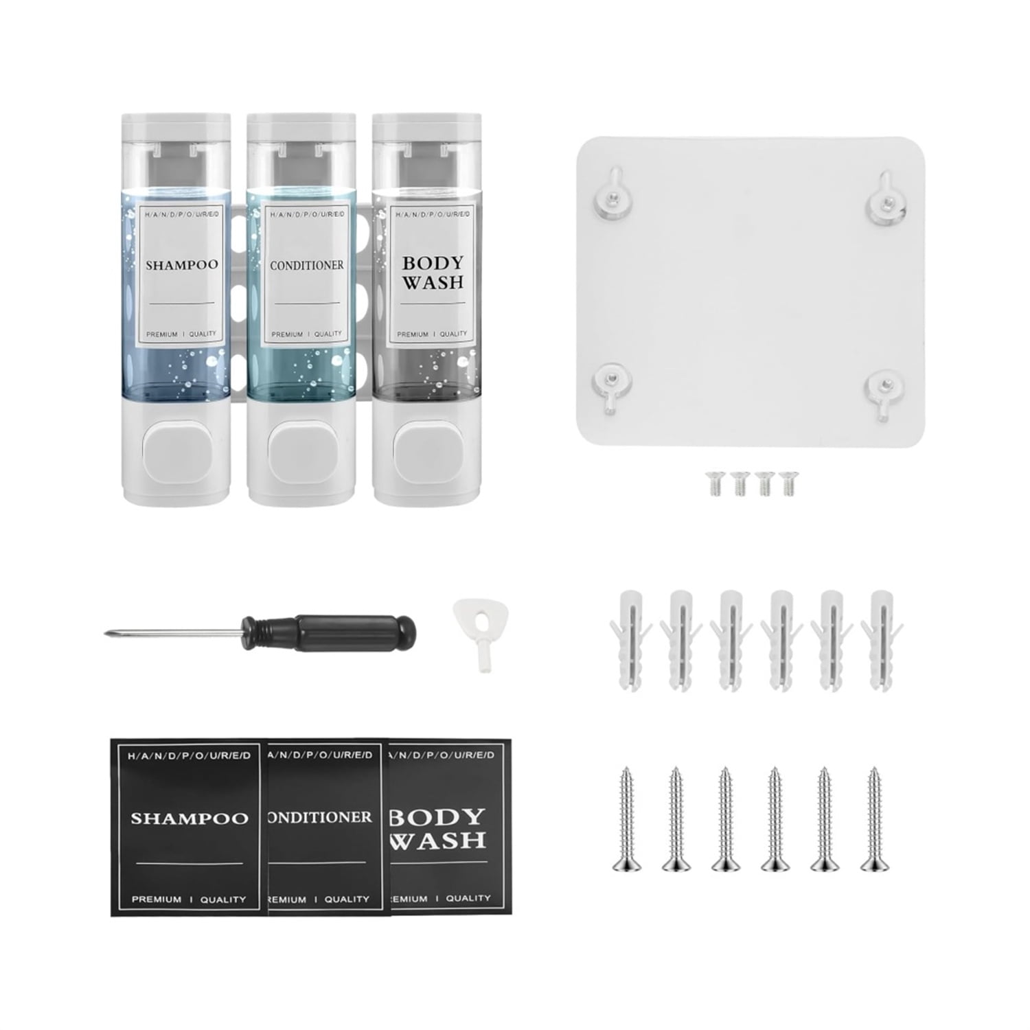 Dingrich Shower Soap Dispenser, Wall Mounted No Drill Shampoo Dispenser 3x400ml Bottle with Labels, Shampoo and Conditioner Dispenser for Shower Room, Bathroom, Hotel - White
