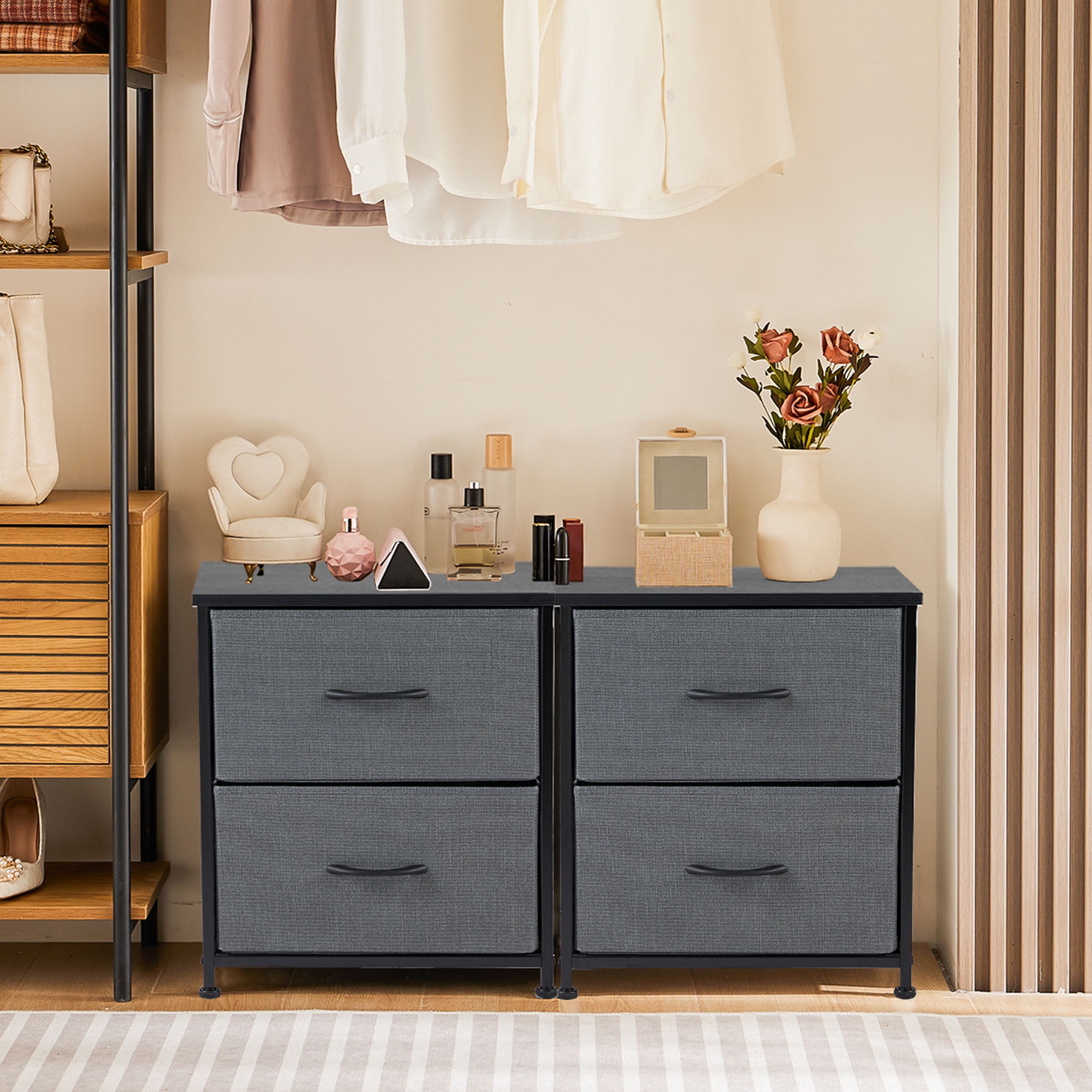 JOINSUN Bedside Table set of 2, Side Table, Fabric Narrow Drawer Cabinet, Chest of Drawers, Industrial Style for Living Room and Bedroom, Gray