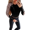 thumbnail image 3 of FASHIONWT Women Striped Leopard Panel Slim Top Button Crew Neck T-Shirts, 3 of 4