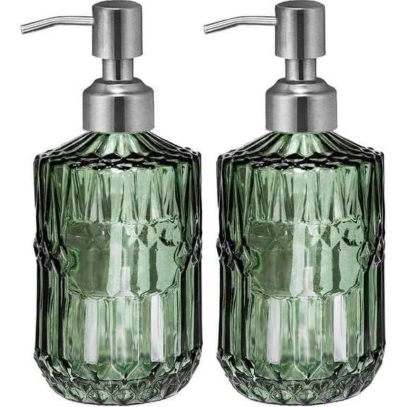 ABCISI Green Soap Dispenser with Stainless Steel Pump, Refillable Liquid Hand Soap Dish Soap Dispensers with Rust Proof Pump for Bathroom Counter Crystal Lotion Dispensers for Kitchen Sink (2pack)