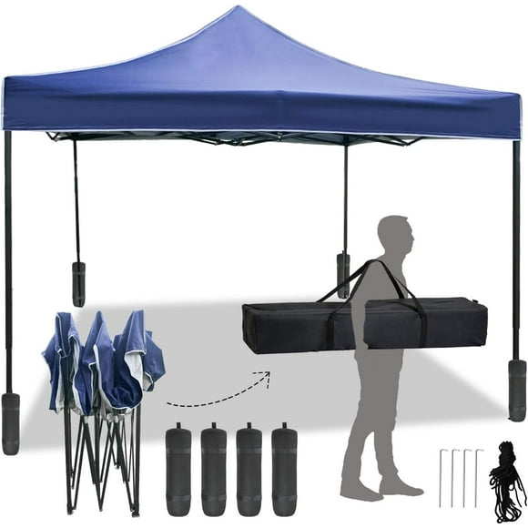 FDW 10x10 Pop-Up Canopy Tent, Portable Outdoor Gazebo, Blue Sun Shade Shelter for Camping, Party & Wedding, Backpack Bag & Airflow Vent