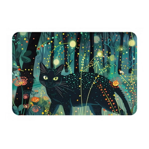 Fuzoiu Mystical Black Cat Fireflies Print Door Mat Outdoor Indoor Welcome Mats, Front Doormat,Flannel Non Slip Durable Entrance Rugs for Front Door, Inside Outside Entry, Porch, Resist Dirt,16x24in