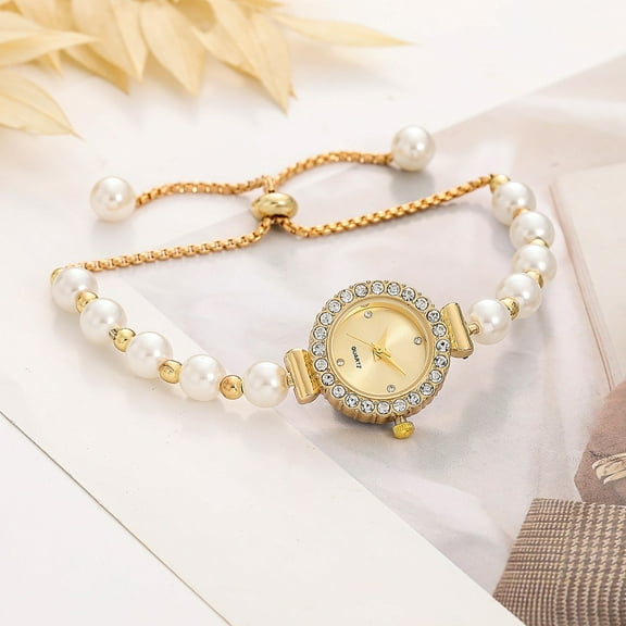Vintage Exquisite Round Quartz Bracelet Watch With Inlaid Diamonds And Pearls