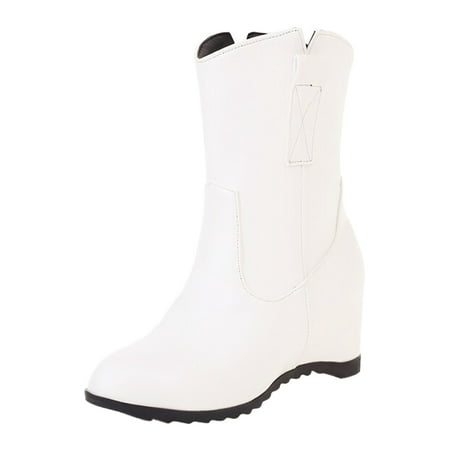 

Entyinea Western Boots High Platform Mid Calf Wedges High Heel Round-Toe Side Zip Combat Boots for Women White 42