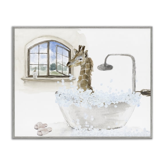 Stupell Industries Cottage Giraffe Bubble Bath Animal Scene Gray Framed Giclee Art, 14 x 11, by Lanie Loreth