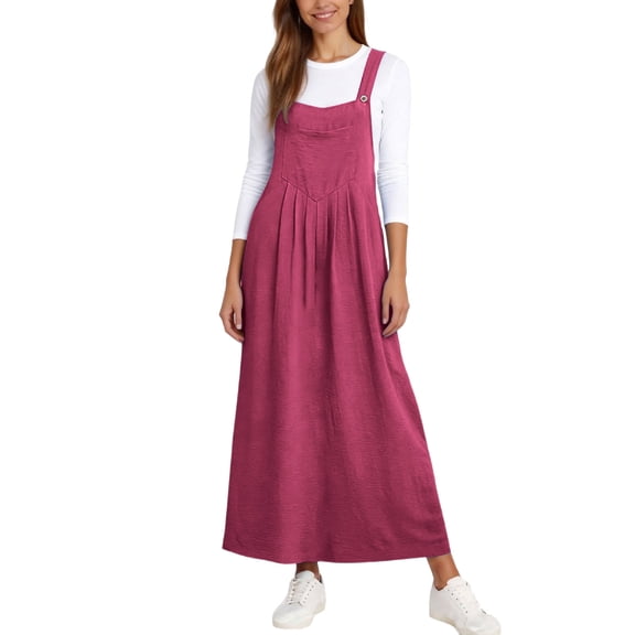 MOJOGO Women's Overall Dress Button Closure Front Pleats Maxi Dresses with Big Pocket Lightweight Loose Jumper Dress Vacation Resort Outfits L