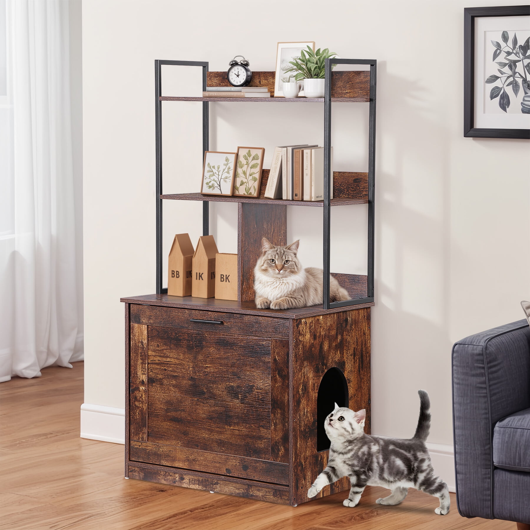 ZENSTYLE Hidden Cat Litter Box Enclosure with Shelves Cat House Cat Furniture Brown
