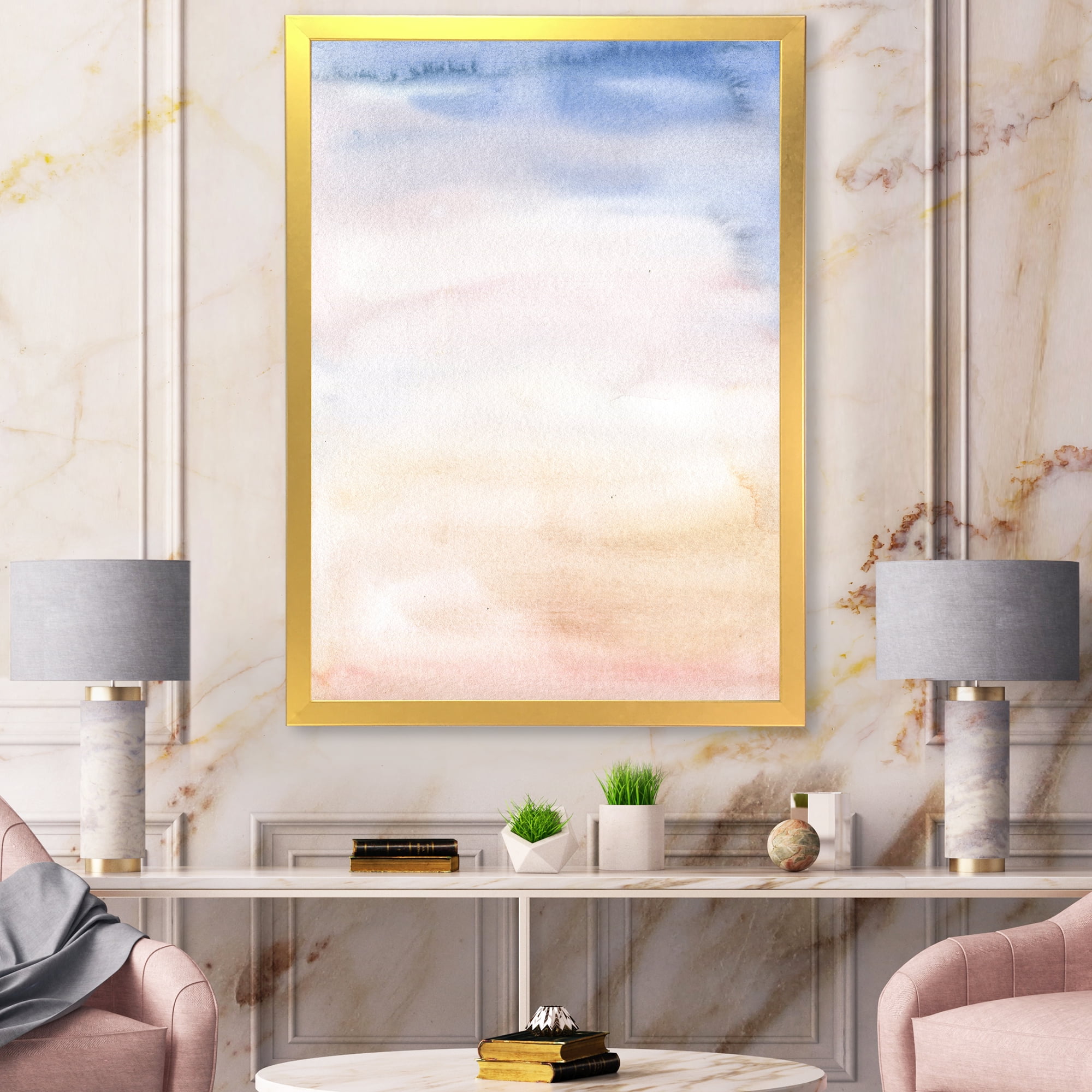 Designart 'Pastel Abstract With Pink Dark Blue and Beige Spots' Modern Framed Art Print