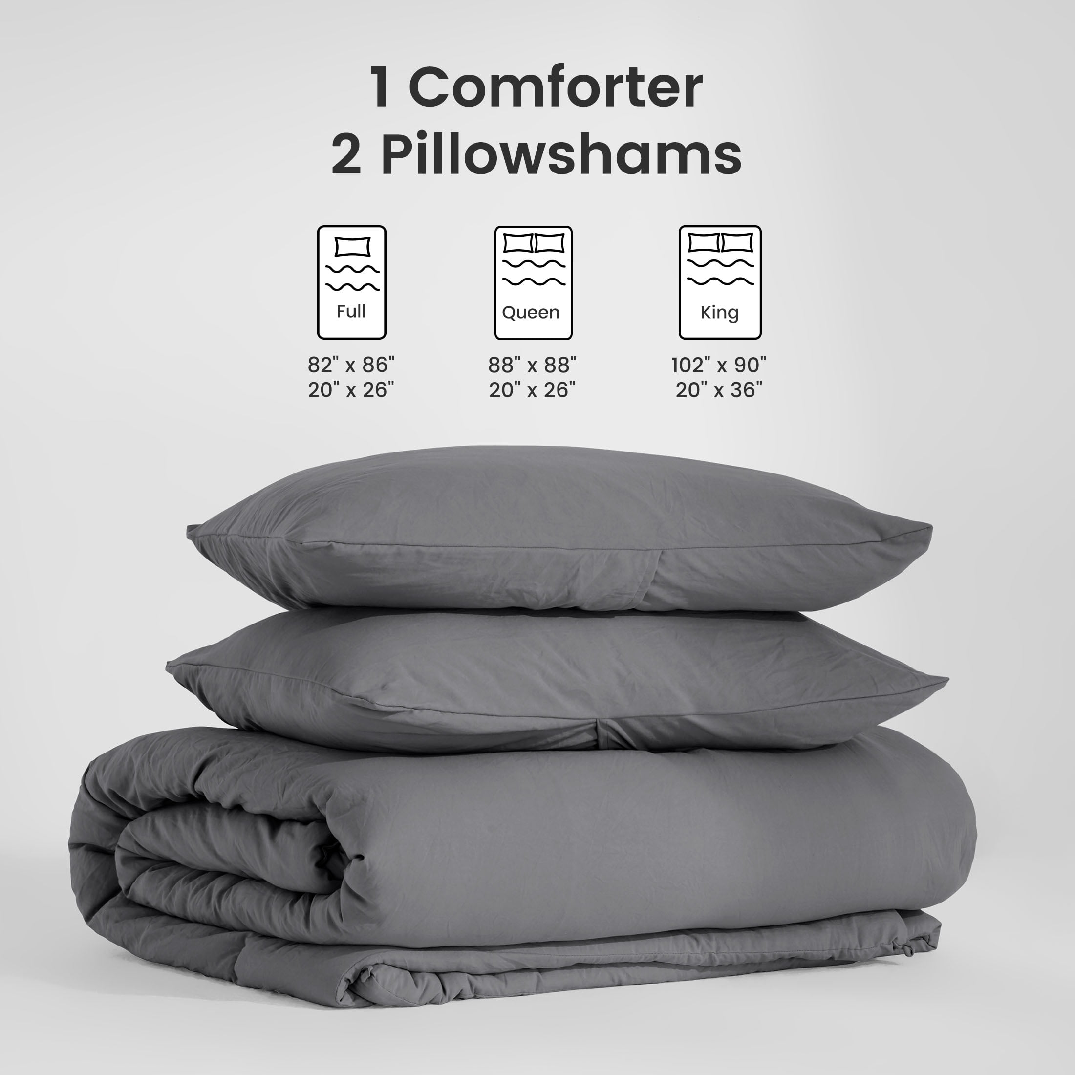 Sonive Washed Comforter Sets Queen 3 Piece, Soft and Cozy, Fluffy Microfiber Fill, Washed Textured Wrinkled Design (Dark Grey)