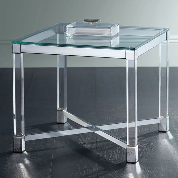 Studio 55D Modern Clear Acrylic Square Accent Table 22" Wide Shiny Chrome Silver Corner Glass Top Living Room Home House Bedroom