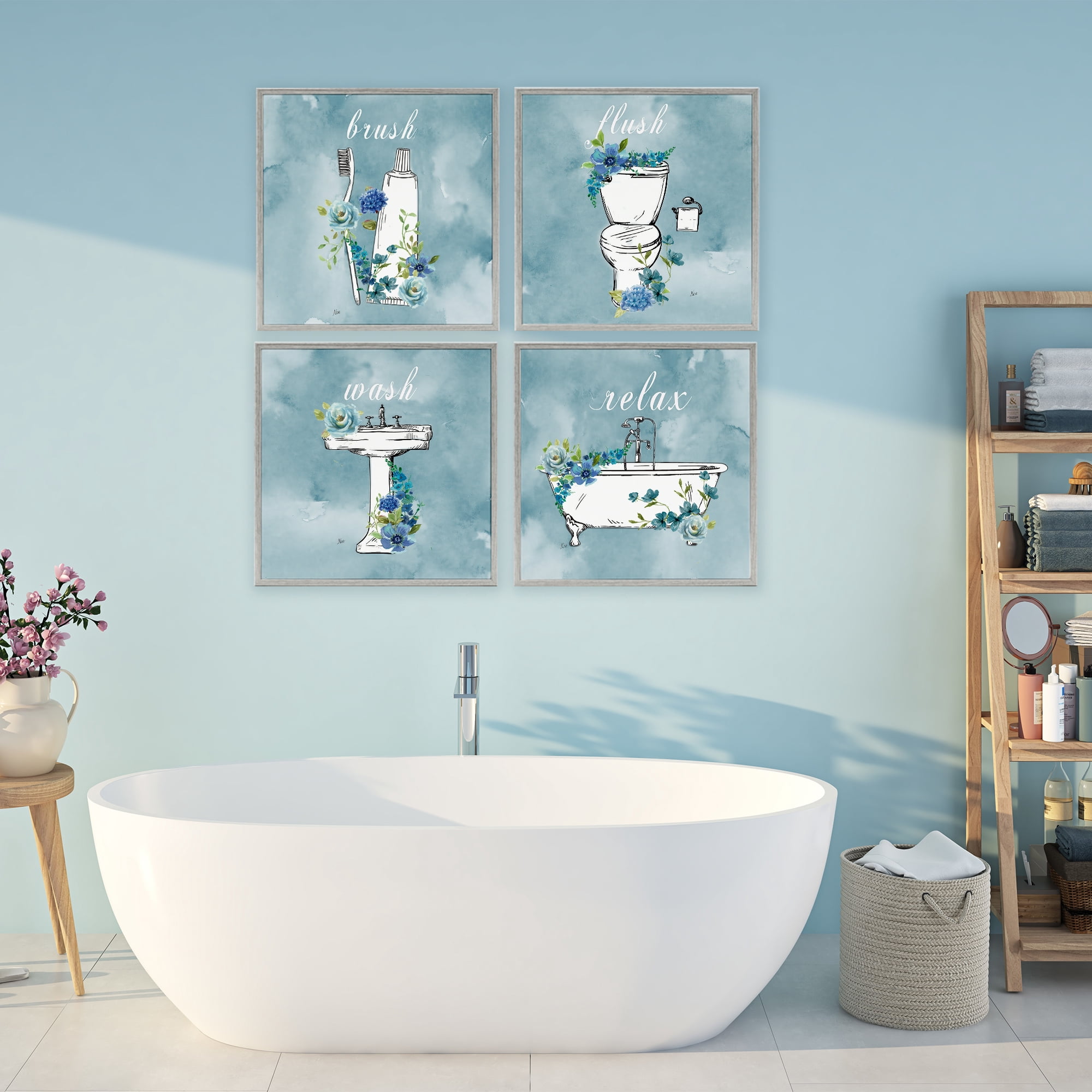 Stupell Industries Blue Floral Bathroom Rules 4 Piece Gray Framed Giclee Art Set, design by Nan