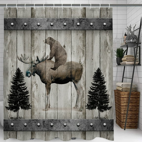 Rustic Gray Wooden Barn Board Shower Curtains for Bathroom, Farmhouse Cabin Forest Wildlife Design Adventure Shower Curtain for Bathroom, Fabric Bear Moose Bathroom Curtain with 12 Hooks, 70X70IN