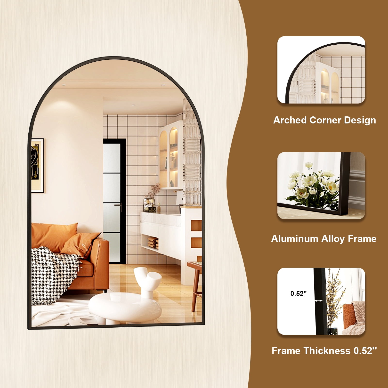 SHATTERVIEW 22"x30" Arched Bathroom Mirror Vanity Wall Mounted Mirror, Black