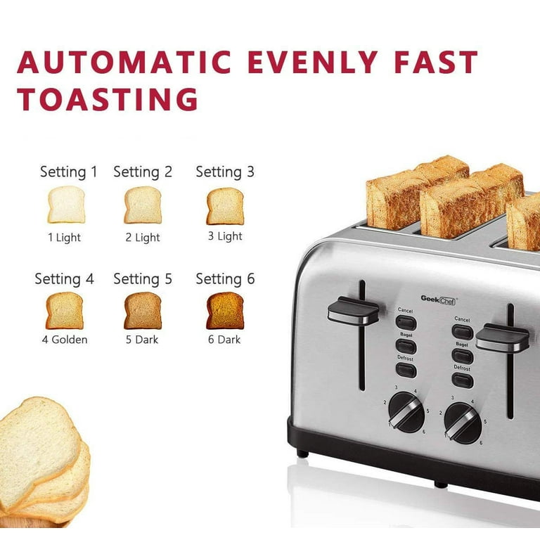 Geek Chef 4 Slice Toaster Extra Wide Slot Toaster with Dual Control Panels  of Bagel/Defrost/Cancel Function, 6 Toasting Bread Shade Settings