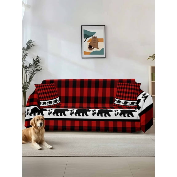 Red Black Plaid Couch Cover for 2 Cushion Couch, Country Vintage Bear Buffalo Gingham Washable Love Seat Sofa Covers Slipcover, Throw Sofa Covers for Pets, Furniture Protector 71"x102"