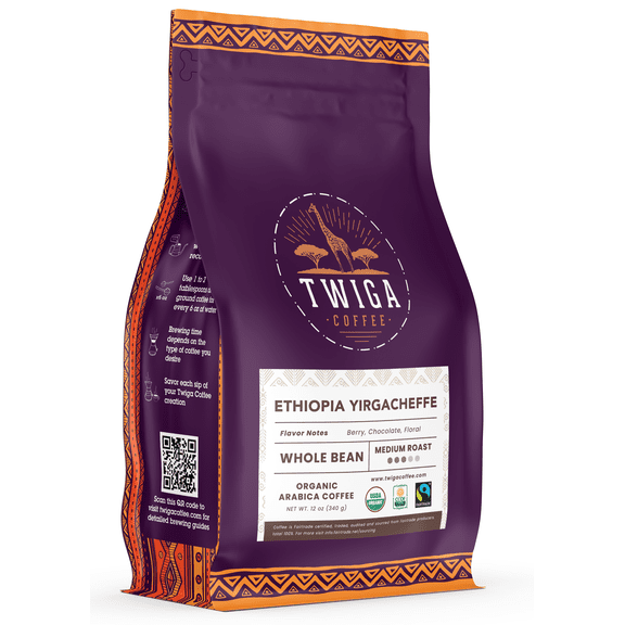 Ethiopia Yirgacheffe Coffee | USDA Organic | Fairtrade | Medium Roast | Whole Bean | 12 oz | Twiga Coffee
