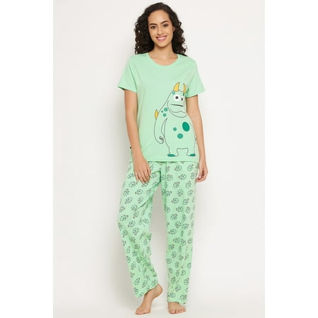 

Monster Emoji Print Top & Pyjama Set in Mint Green - 100% Cotton