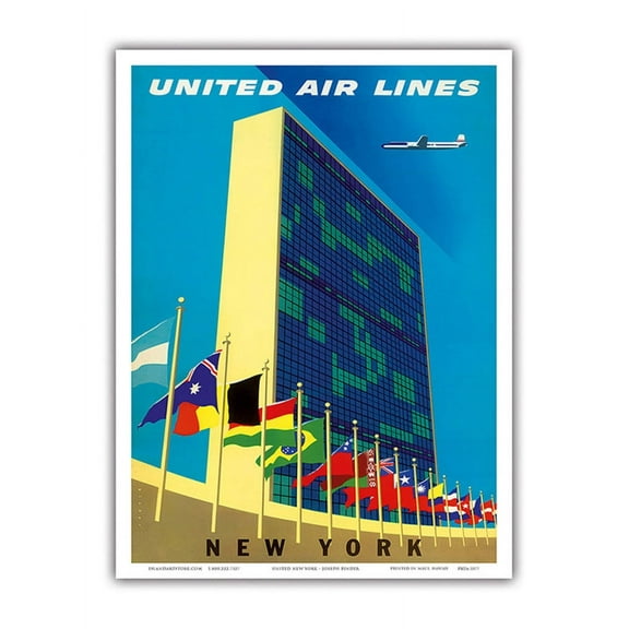 United Nations Building New York - United Air Lines - Vintage Airline Travel Poster by Joseph Binder c.1957 - Master Art Print (Unframed) 9in x 12in