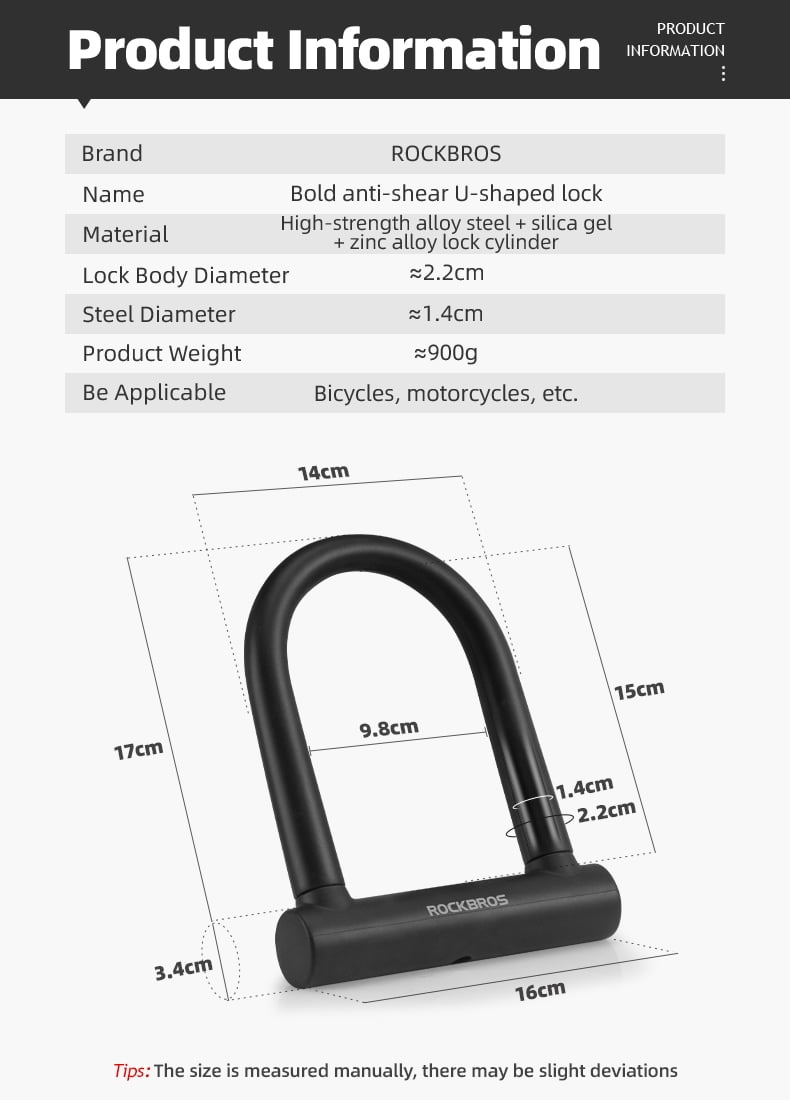 Rockbros High-Strength Alloy Steel U-Lock Lock, Black