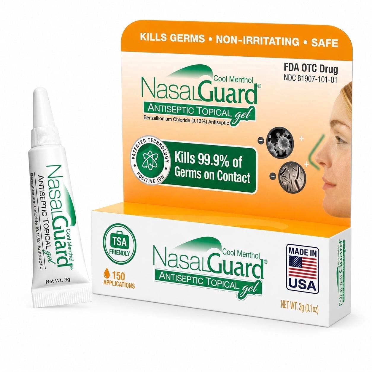 NasalGuard Nasal Antiseptic Gel | Helps Kill 99.9% of Germs on Contact | Alcohol-Free, Moisturizing, Daily Use | Drug-Free | 150+ Applications (Cool Menthol, 3g)