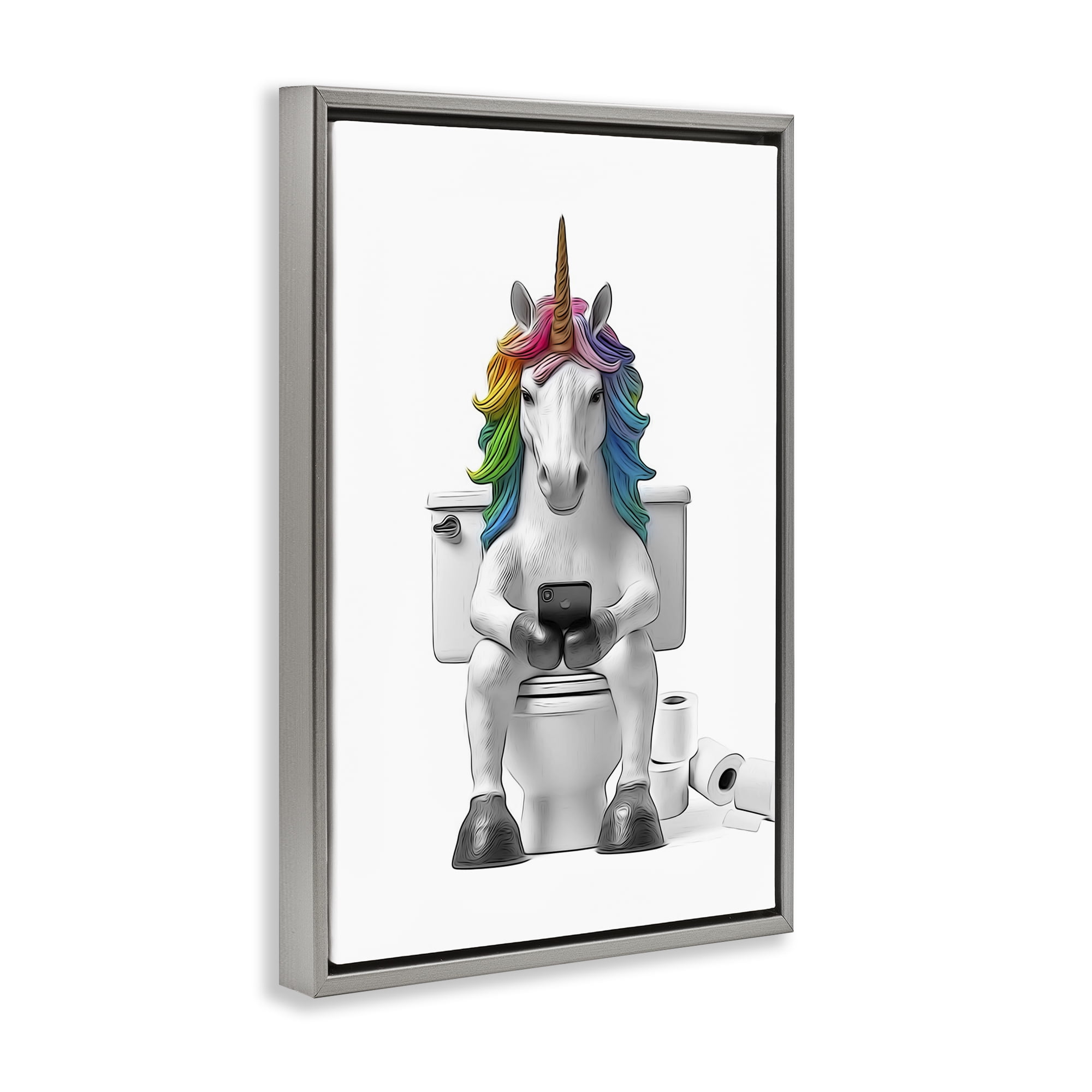 Stupell Industries Unicorn Texting on Toilet Typography Painting Gray Floater Framed Canvas Art Print Wall Art, 17 x 25