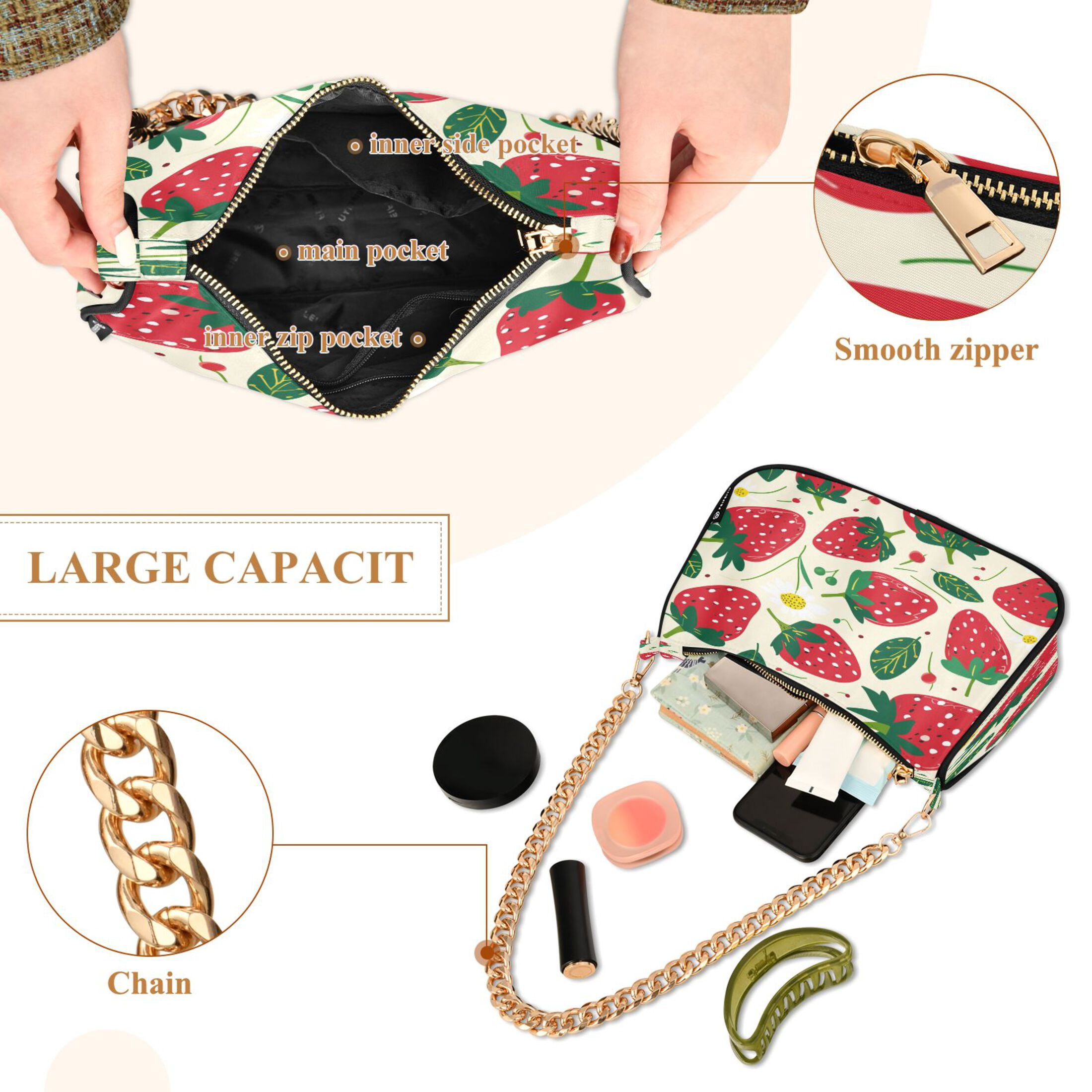 Ryvnso Strawberry Fruit Womens Chain Shoulder Bag Tote Handbags Clutch Hobo Purse with Zipper for Travel