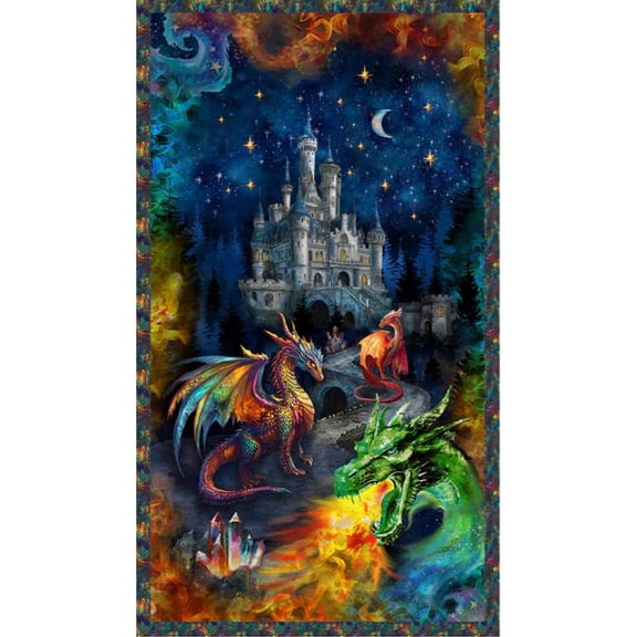 24" X 44" Panel Dragon Kingdom Dragons Castle Panel Majestic Castle Magical Fantasy Mythical Windham Fabrics Cotton Fabric Panel (54805DP-1)