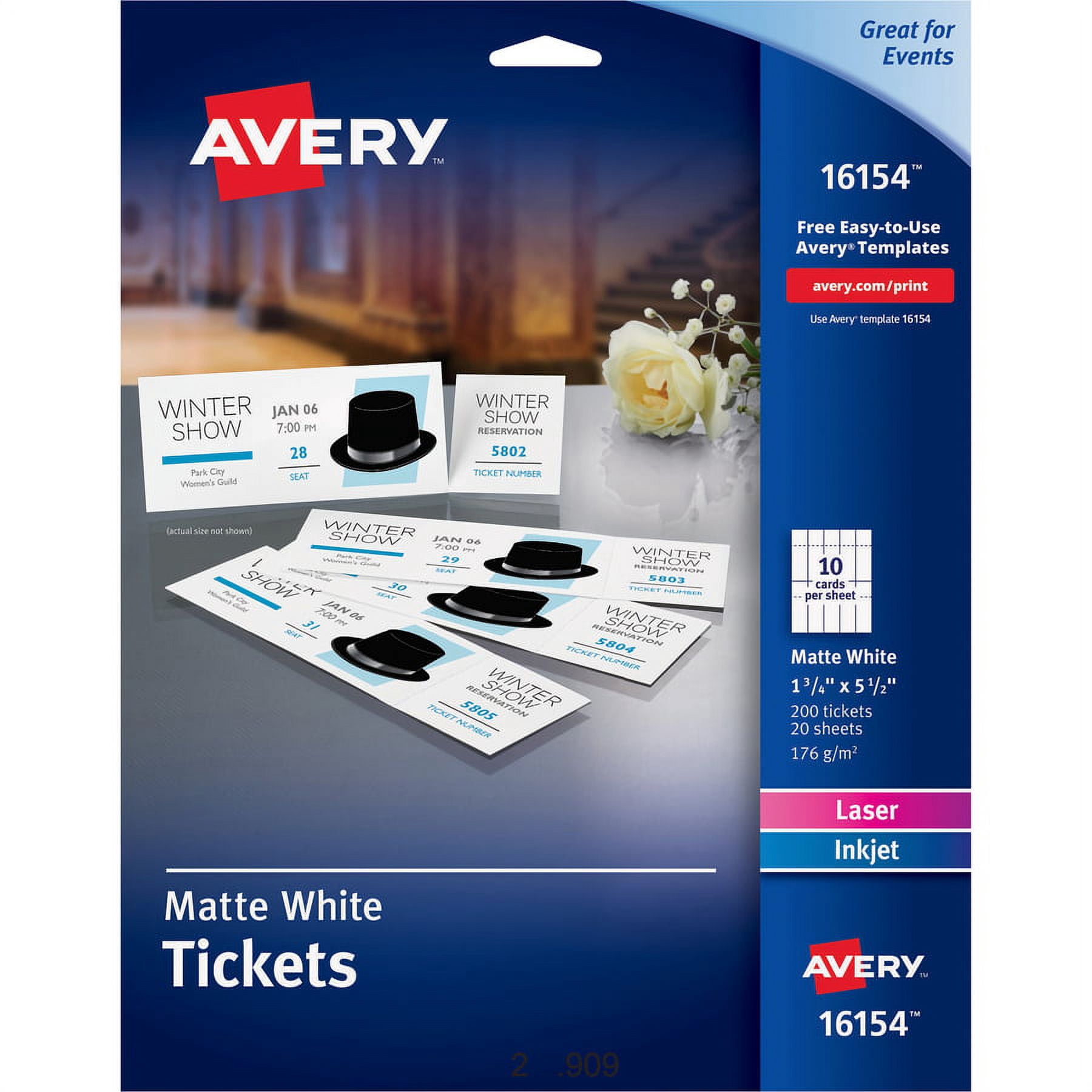 Avery® Perforated Raffle Tickets With Tear-away Stubs - 2-sided Printing - 1 3/4" X 5 1/2" Length - Laser, - Matte White - 20 / Sheet - 1000 / Carton
