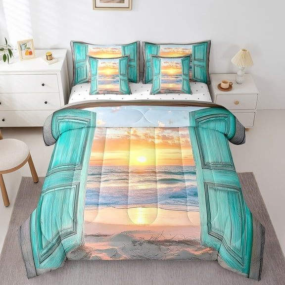 Erosebridal Ocean Beach Bedding Sets Twin Size,Blue Golden Comforter Sets with Sheets,Sea Theme Decor,Reversible,Breathable,7pcs