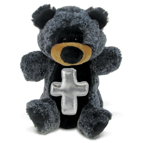 DolliBu Black Bear Hand Puppet Stuffed Animal with Silver Cross - Religious Baptism Gifts for Boys and Girls, Dedication Christening Gifts Plush Prayer Toy Healing Stuffed Animal - 9 Inches