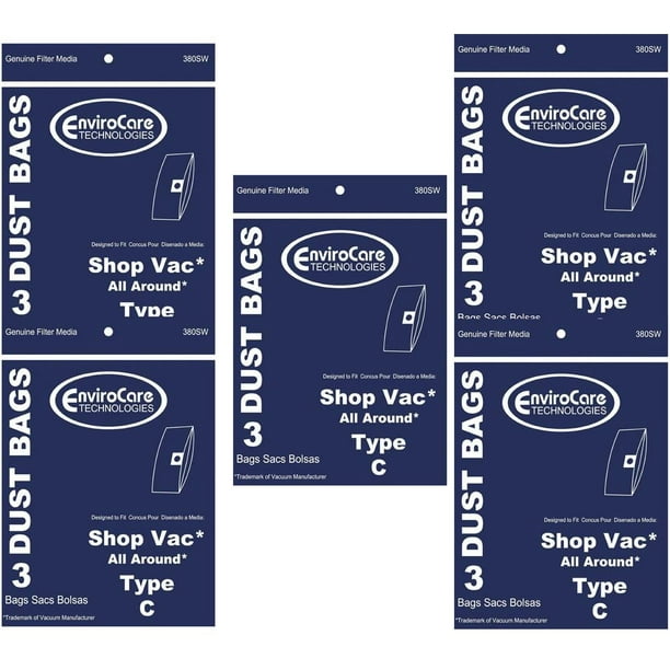 Vacuum Cleaner Bags Type C For Shop Vac All Around 3 Gallon Models 15PK 380SW