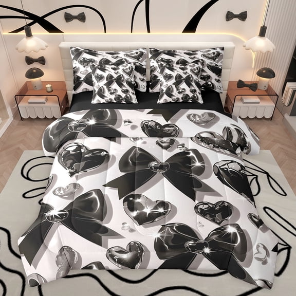 Castle Fairy Black Ribbon Bow Twin Bedding Sets 7-Piece for Boys Girls,Kawaii Love Heart Print Bedding Comforter Set Microfiber,Dreamy Princess Breathable Sheet Sets,Lightweight Room Decor