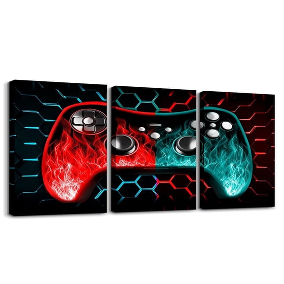 Erosebridal Video Game Theme Paintings Wall Decor Framed, Blue Red Hexagon Wall Hanging Decor Bedroom, Gamer Gaming Wall Decorations for Living Room, Luxurious Living Room Decoration