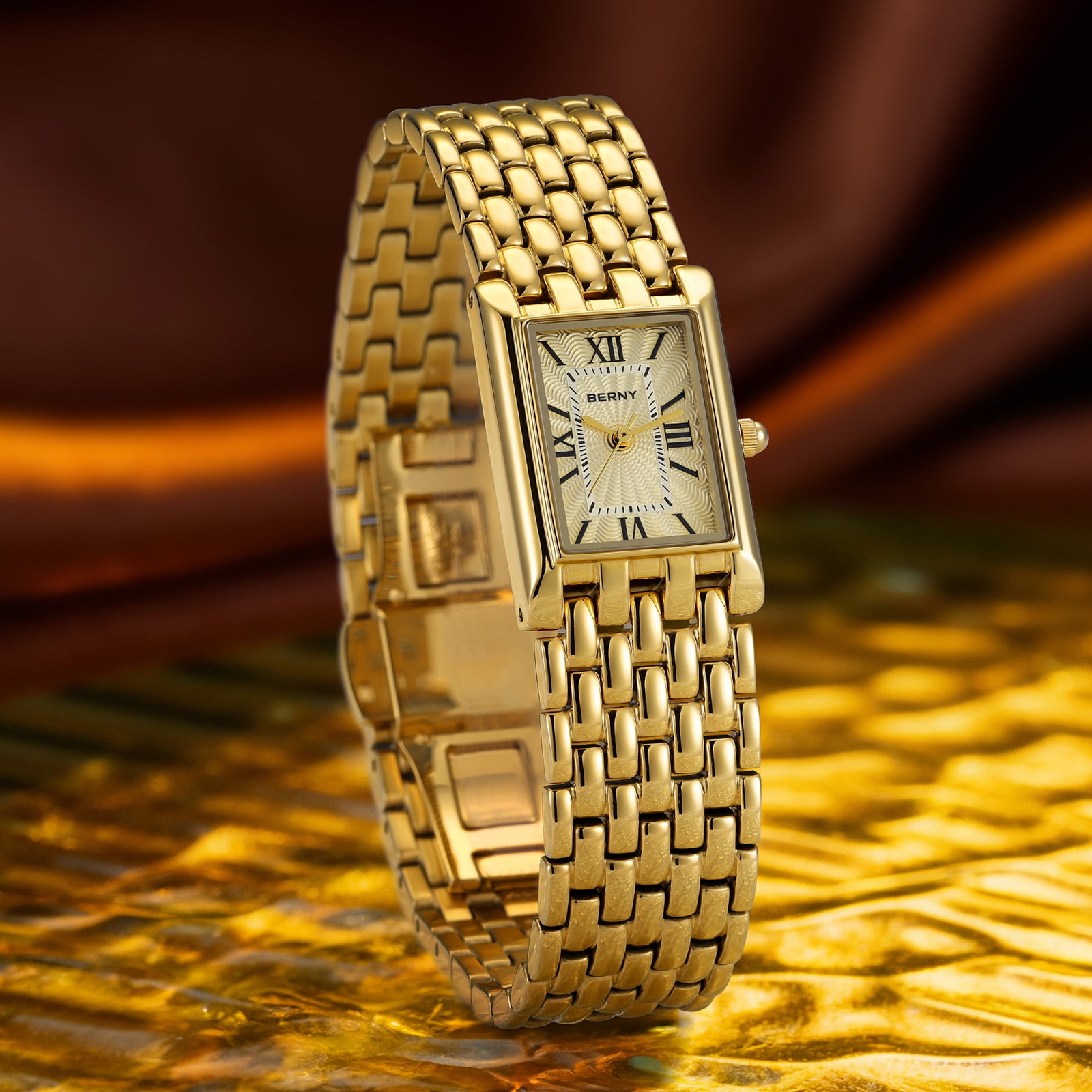 BERNY Small Gold Watches for Women, Luxury Vintage Rectangular Case Roman Dial, Dainty Stainless Steel Bracelet Watch, Adjustment Tool Included, Waterproof, Womens Gold Watch Gifts (Gold)
