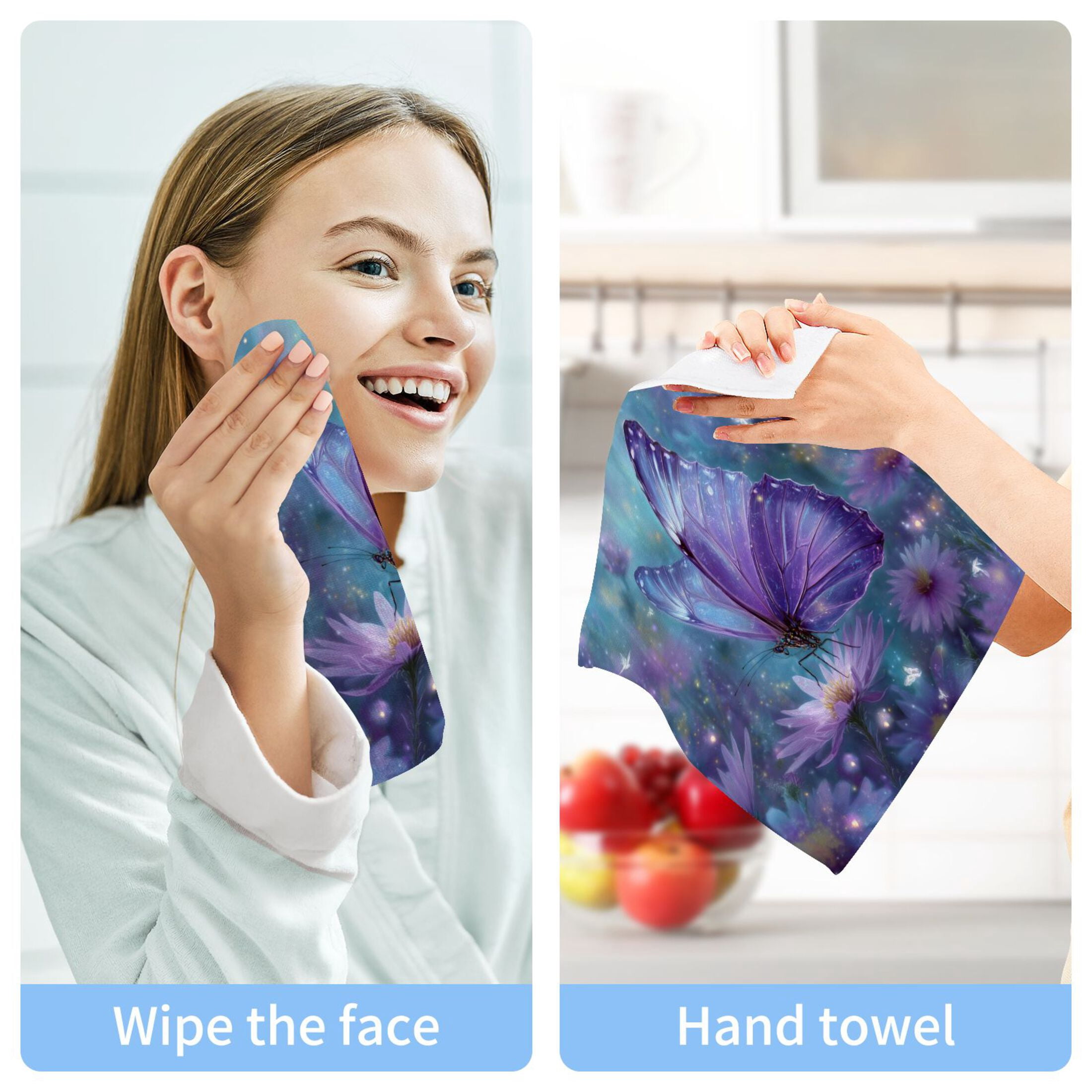 Purple Sparkling Butterfly 100% Cotton Face Towel 12x12in Soft Absorbent Washcloth Durable Printed Hand Towels for Bathroom Travel 6 Pcs