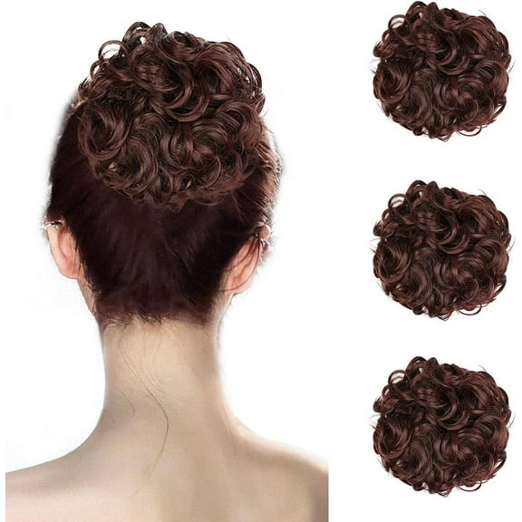 Aorsher Messy Bun Hair Piece, Dark Auburn Messy Hair Bun Scrunchies for Women Synthetic Wavy Curly Chignon Ponytail Hair Extensions Thick Updo Hairpiece for Daily Wear 3pcs