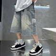 thumbnail image 4 of Rggeeun Child Boys Denim Shorts Multiple Pockets Elastic Waist Knee Length Wide Leg Loose Fit For Summer Holiday Leisure Bottoms,Blue,7-8 Years, 4 of 6