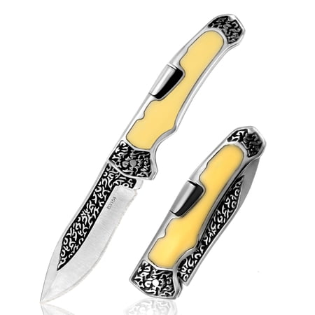 Vintage Engraved Folding Pocket Knife Sharp Stainless Steel Blade with Pocket Clip EDC Survival Knife for Camping Hiking Hunting Outdoor Activities